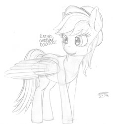 Size: 1200x1318 | Tagged: safe, artist:styroponyworks, daring do, pegasus, pony, g4, female, happy, hat, mare, monochrome, open mouth, partially open wings, sketch, solo, standing, traditional art, wings