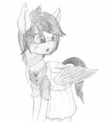 Size: 2010x2325 | Tagged: safe, artist:styroponyworks, oc, oc only, oc:slumber tea, bat pony, pony, bat wings, clothes, dress, ear fluff, female, folded wings, freckles, high res, mare, monochrome, open mouth, sketch, solo, standing, traditional art, wings