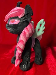 Size: 716x955 | Tagged: safe, artist:lnzz, oc, oc:esalen, changeling, pony, commission, commission open, irl, photo, pink changeling, plushie, pony plushie, solo, spread wings, toy, wings