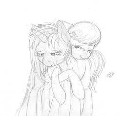 Size: 1070x1020 | Tagged: safe, artist:styroponyworks, dj pon-3, octavia melody, vinyl scratch, earth pony, pony, unicorn, g4, duo, duo female, ears back, female, horn, hug, lesbian, monochrome, raised hoof, ship:scratchtavia, shipping, sketch, smiling, standing, traditional art