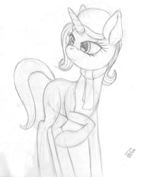 Size: 820x1020 | Tagged: safe, artist:styroponyworks, trixie, pony, unicorn, g4, clothes, female, happy, hat, horn, mare, monochrome, scarf, sketch, smiling, solo, standing, traditional art
