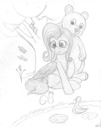 Size: 1224x1535 | Tagged: safe, artist:styroponyworks, fluttershy, bear, bird, butterfly, duck, pegasus, pony, squirrel, g4, female, folded wings, happy, lilypad, mare, monochrome, outdoors, pond, raised hoof, sitting, sketch, smiling, traditional art, tree, water, wings
