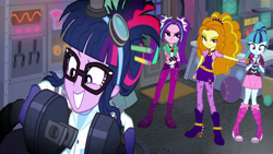 Size: 3000x1688 | Tagged: safe, artist:bigpurplemuppet99, edit, edited screencap, screencap, adagio dazzle, aria blaze, sci-twi, sonata dusk, twilight sparkle, human, equestria girls, g4, mad twience, my little pony equestria girls: summertime shorts, the dazzlings