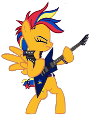 Size: 815x1000 | Tagged: safe, artist:mlpfan3991, oc, oc only, oc:flare spark, pegasus, pony, g4, alternate hairstyle, bipedal, clothes, electric guitar, eyes closed, female, guitar, mare, multicolored hair, musical instrument, playing instrument, punk, raripunk, rock (music), simple background, solo, transparent background, vest