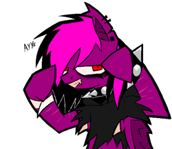 Size: 1202x1040 | Tagged: safe, artist:xxv4mp_g4z3rxx, oc, oc only, oc:violet valium, bat pony, pony, bags under eyes, clothes, collar, emo, fangs, hoodie, hospital band, red eyes, scar, simple background, smiling, solo, spiked collar, spiked wristband, two toned mane, white background, wristband