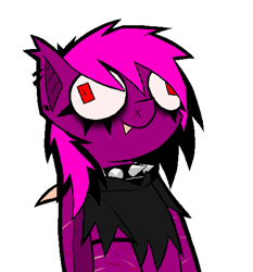 Size: 962x1032 | Tagged: safe, artist:xxv4mp_g4z3rxx, oc, oc only, oc:violet valium, bat pony, pony, bags under eyes, clothes, collar, emo, fangs, hoodie, hospital band, red eyes, scar, simple background, smiling, solo, spiked collar, two toned mane, wall eyed, white background