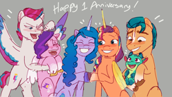 Size: 1920x1080 | Tagged: safe, artist:mythicalartist_, hitch trailblazer, izzy moonbow, pipp petals, sparky sparkeroni, sunny starscout, zipp storm, alicorn, dragon, earth pony, pegasus, pony, unicorn, g5, 2022, anniversary, baby, baby dragon, female, gray background, holding a dragon, hoofbump, hug, male, mane five, mare, papa hitch, pipp is short, race swap, simple background, stallion, sunnycorn