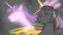 Size: 1920x1080 | Tagged: safe, artist:mythicalartist_, sunny starscout, twilight sparkle, alicorn, pony, g5, 2022, badass, doodle, glowing, glowing horn, horn, i'm with you, inspired by another artist, jojo reference, jojo's bizarre adventure, looking at you, parody, race swap, reference, simple background, sunny and her heroine, sunnycorn, twilight sparkle (alicorn), white background