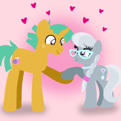 Size: 1400x1400 | Tagged: safe, artist:mlplary6, silver spoon, snails, earth pony, pony, unicorn, g4, boyfriend and girlfriend, cute, diasnails, female, glasses, heart, lineless, looking at each other, looking at someone, love, male, mare, older, older silver spoon, older snails, shipping, silverbetes, smiling, smiling at each other, snailspoon, stallion, straight