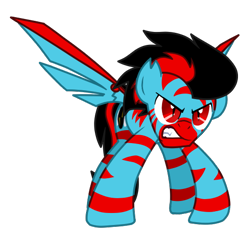 Size: 540x527 | Tagged: safe, artist:yamston, oc, oc only, oc:lance greenfield, zebra, zebrasus, fanfic:living the dream, 2023, angry, donut steel, fanfic art, frown, gritted teeth, red and black mane, red eyes, red stripes, show accurate, simple background, slit pupils, solo, teeth, torn ear, transparent background, two toned mane, wings, zebra oc