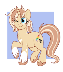 Size: 615x703 | Tagged: safe, artist:lulubell, oc, oc only, oc:lulubell, pony, unicorn, g5, my little pony: tell your tale, one eye closed, passepartout, smiling, solo, standing