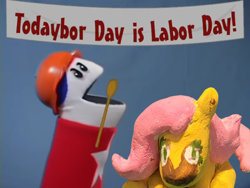 Size: 1440x1080 | Tagged: safe, artist:fluttershywheresheshouldntbe, edit, fluttershy, pegasus, pony, g4, duo, female, holiday, homestar runner, labor day, mare