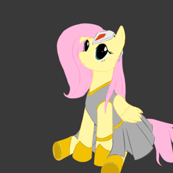 Size: 1000x1000 | Tagged: safe, artist:dshou, fluttershy, pegasus, pony, g4, armor, female, gray background, hoof shoes, mare, simple background, sitting, solo