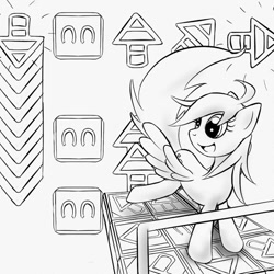 Size: 650x650 | Tagged: safe, artist:dshou, derpy hooves, pegasus, pony, g4, dance dance revolution, dancing, female, grayscale, mare, monochrome, open mouth, open smile, pump it up, smiling, solo, spread wings, wings