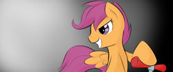 Size: 1200x500 | Tagged: safe, artist:dshou, scootaloo, pegasus, pony, g4, bust, female, filly, foal, gradient background, grin, scooter, smiling, solo