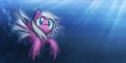 Size: 1000x500 | Tagged: safe, artist:dshou, oc, oc only, merpony, seapony (g4), blue eyes, bubble, crepuscular rays, digital art, female, fin wings, fins, flowing mane, looking at you, mare, ocean, solo, sunlight, swimming, underwater, water, wings