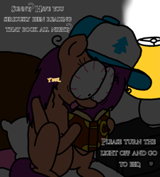 Size: 3023x3351 | Tagged: safe, artist:professorventurer, sunny starscout, earth pony, pony, series:ask pippamena, g5, bed, bloodshot eyes, book, dipper's hat, female, gravity falls, hat, high res, implied pipp petals, journal #3, lamp, mare, messy mane, pillow, reading, tongue out