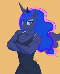 Size: 828x1025 | Tagged: safe, artist:grissaecrim, princess luna, alicorn, anthro, g4, clothes, crossed arms, crown, dress, eyeshadow, female, flexing, jewelry, lidded eyes, makeup, muscles, muscular female, orange background, pecs, princess muscle moona, regalia, simple background, smiling, solo