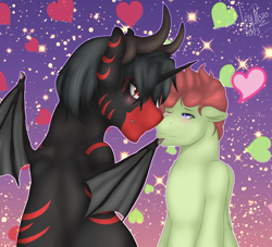 Size: 1650x1500 | Tagged: safe, artist:icy_passio, oc, oc only, bat pony, pegasus, pony, bat wings, blue eyes, blushing, gay, heart, love, male, red eyes, stripes, wings