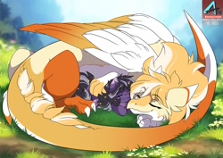 Size: 1100x778 | Tagged: safe, artist:arctic-fox, oc, oc only, oc:orange cream, oc:rivibaes, draconequus, pony, unicorn, cuddling, draconequus oc, duo, eyes closed, female, filly, foal, horn, lying down, mother and child, mother and daughter, outdoors, prone, sleeping, unicorn oc