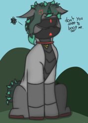 Size: 366x513 | Tagged: safe, artist:thomas.senko, oc, oc only, oc:thomas senko, cyclops, pony, robot, robot pony, unicorn, angry, boop, brony, cute, ears back, gray, green hair, red eyes, sitting