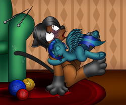 Size: 1800x1500 | Tagged: safe, artist:nazreen115, oc, oc:kitty nazzy, oc:storm, cat, cat pony, hybrid, original species, pegasus, pony, female, filly, foal, glomp, hug, knitting needles, simple background, yarn, yarn ball