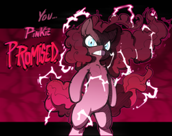Size: 1803x1431 | Tagged: safe, artist:mickeymonster, pinkie pie, earth pony, pony, g4, abstract background, angry, bipedal, chest fluff, female, gritted teeth, hotblooded pinkie pie, lightning, looking at you, mare, solo, talking to viewer, teeth, this will end in death, this will end in tears, this will end in tears and/or death, you pinkie promised