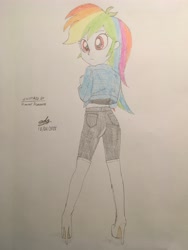 Size: 4032x3024 | Tagged: safe, artist:gibsterboy5, rainbow dash, human, equestria girls, g4, boots, clothes, denim, denim jacket, female, high heel boots, high heels, high res, jacket, knee-high boots, leather, leather boots, leather pants, looking at each other, looking at someone, pants, shoes, signature, simple background, solo, spread legs, spreading, standing, thigh boots, traditional art, white background