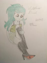 Size: 4032x3024 | Tagged: safe, artist:gibsterboy5, wallflower blush, human, equestria girls, g4, bare shoulders, boots, clothes, female, hand on hip, high heel boots, high heels, high res, leather, leather boots, looking down, raised leg, shoes, signature, simple background, sitting, skirt, sleeveless, solo, traditional art, white background