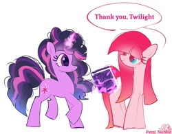 Size: 1024x799 | Tagged: safe, artist:petaltwinkle, pinkie pie, twilight sparkle, earth pony, pony, unicorn, g4, alternate hairstyle, book, dialogue, duo, female, grin, levitation, magic, mane swap, mare, personality swap, signature, simple background, smiling, speech bubble, telekinesis, unicorn twilight, white background