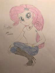 Size: 1536x2048 | Tagged: safe, artist:gibsterboy5, rarity, human, equestria girls, g4, alternate hair color, blue eyes, boots, bracelet, clothes, denim, eyeshadow, female, geode of shielding, hairpin, hand on leg, hand on thigh, high heel boots, high heels, jeans, jewelry, looking at you, magical geodes, makeup, necklace, pants, shirt, shoes, signature, simple background, sitting, solo, traditional art, white background, white shirt, wrist cuffs, wristband, wrong hair color
