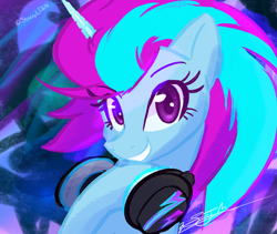 Size: 2092x1764 | Tagged: safe, artist:staceyld636, oc, oc:stacey lightning dash, alicorn, pony, alicorn oc, bust, female, headphones, horn, icon, looking at you, mare, portrait, smiling, smiling at you, solo, wings