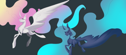 Size: 7448x3300 | Tagged: safe, artist:anekomori, princess celestia, princess luna, alicorn, pony, g4, absurd resolution, colored, concave belly, curved horn, duo, eyelashes, eyes closed, female, flying, gradient mane, gradient tail, horn, impossibly long mane, impossibly long tail, large wings, long horn, long mane, looking forward, mare, quadrupedal, royal sisters, shading, siblings, simple background, sisters, sketch, slender, tail, thin, wings