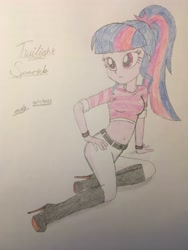 Size: 4032x3024 | Tagged: safe, artist:gibsterboy5, twilight sparkle, human, equestria girls, g4, belly button, belt, boots, clothes, female, hand on hip, high heel boots, high heels, high res, leather, leather boots, looking at each other, looking at someone, midriff, pants, ponytail, scrunchie, shirt, shoes, signature, simple background, sitting, solo, striped shirt, stripes, traditional art, white background, white pants, wristband