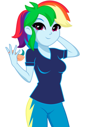 Size: 859x1283 | Tagged: safe, artist:rosemile mulberry, rainbow dash, human, equestria girls, g4, arm behind head, breasts, busty rainbow dash, clothes, female, jewelry, looking at you, ring, shirt, simple background, solo, t-shirt, uniform, updated design, white background, wonderbolts uniform