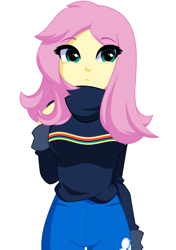 Size: 820x1165 | Tagged: dead source, safe, artist:rosemile mulberry, fluttershy, human, equestria girls, g4, butterfly hairpin, clothes, female, looking at you, simple background, solo, sweater, sweatershy, updated design, white background