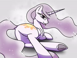 Size: 3200x2419 | Tagged: safe, artist:wolftendragon, princess celestia, alicorn, pony, princess molestia, g4, :p, bedroom eyes, butt, dock, featureless crotch, frog (hoof), high res, long mane, long tail, looking at you, looking back, looking back at you, lying down, plot, sparkles, sunbutt, tail, tongue out, underhoof