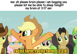 Size: 711x500 | Tagged: safe, edit, edited screencap, screencap, applejack, braeburn, earth pony, pony, apple family reunion, g4, applejack's hat, cowboy hat, female, hat, imgflip, male, mare, mondegreen, racism, racist barn, raise this barn, stallion, text, watermark