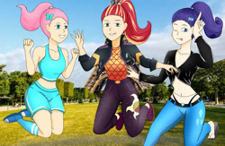 Size: 1106x722 | Tagged: safe, artist:atmu, fluttershy, rarity, sunset shimmer, human, g4, clothes, eiffel tower, front knot midriff, group photo, happy, humanized, midriff, music festival outfit, paris, ponytail, real life background, selfie, shorts, sports bra, sports shorts, tongue out, trio