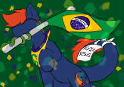 Size: 2893x2049 | Tagged: safe, artist:monycaalot, oc, oc:fizark catto, monster pony, original species, pony, tatzlpony, 100% jesus, ^^, bandana, brazil, colored sketch, eyes closed, flag, happy, high res, independence day, male, simple background, sketch, tentacle tongue, tentacles