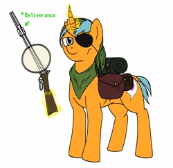 Size: 2040x1974 | Tagged: safe, oc, oc only, oc:penny, pony, unicorn, fallout equestria, backpack, bandana, banjo, deformed, deformed horn, eyepatch, fallout, gun, horn, mcbrude family, musical instrument, simple background, solo, special weapon, text, travelling, weapon, white background