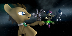 Size: 3840x1920 | Tagged: safe, artist:darkad8000, bon bon, derpy hooves, doctor whooves, soarin', sweetie drops, time turner, earth pony, pegasus, pony, g4, 3d, doctor who, high res, lens flare, reference, reference to another series, scared, screaming, screwdriver, sonic screwdriver, source filmmaker, space, spread legs, spread wings, spreading, wings, zero gravity