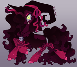 Size: 2340x2029 | Tagged: safe, artist:bishopony, oc, oc only, pony, unicorn, cape, clothes, female, gradient background, grin, hat, high res, mare, signature, smiling, solo, twisted horn, witch hat