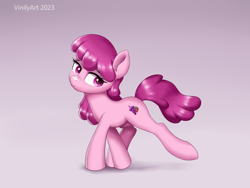 Size: 2808x2109 | Tagged: safe, artist:vinilyart, berry punch, berryshine, earth pony, pony, g4, berrybetes, cute, eyebrows, female, gradient background, high res, looking at you, looking sideways, mare, raised leg, smiling, smiling at you, solo