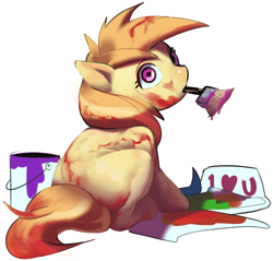 Size: 2068x1976 | Tagged: safe, artist:applephil, oc, oc only, earth pony, pony, butt, cute, female, filly, foal, looking at you, looking back, looking back at you, messy, mouth hold, paint, paint bucket, paintbrush, plot, simple background, sitting, solo, white background