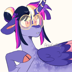 Size: 1000x1000 | Tagged: safe, artist:artistcoolpony, twilight sparkle, alicorn, pony, g4, alternate design, alternate hairstyle, cloven hooves, curved horn, female, floppy ears, glasses, horn, mare, round glasses, signature, simple background, solo, twilight sparkle (alicorn), white background