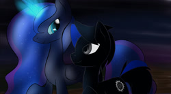Size: 1960x1080 | Tagged: safe, artist:dshou, princess luna, oc, alicorn, earth pony, pony, g4, earth pony oc, glowing, glowing horn, horn, looking at each other, looking at someone, male, night, solo, stallion, walking