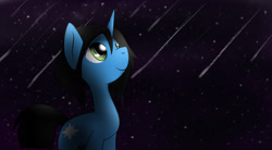 Size: 1960x1080 | Tagged: safe, artist:dshou, oc, oc only, oc:starly, pony, unicorn, female, horn, looking up, mare, meteor shower, smiling, solo, unicorn oc