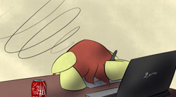 Size: 1960x1080 | Tagged: safe, artist:dshou, oc, oc only, oc:shooting star, pony, computer, desk, drawing tablet, drink, facedesk, floppy ears, hoof hold, laptop computer, soda can, solo, stylus