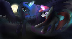 Size: 1960x1080 | Tagged: safe, artist:dshou, moondancer (g1), princess luna, alicorn, pony, unicorn, g1, g4, duo, glowing, glowing horn, horn, levitation, magic, moon, night, open mouth, self-levitation, smiling, spread wings, telekinesis, wings